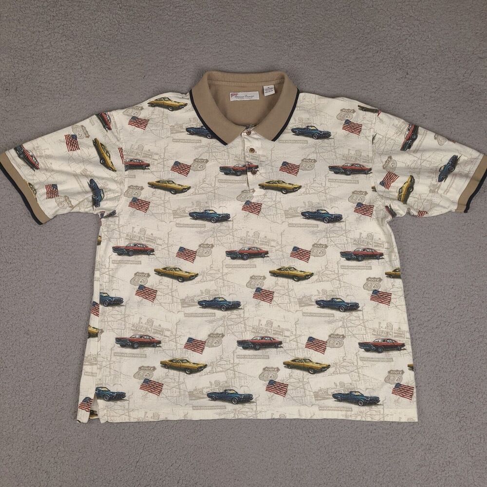 American Summer Clothing Co Polo‎ Shirt Mens XL Flag Patriotic Classic Cars
